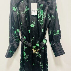 NWT Zara Jacquard Black/Green Mini Dress Long Sleeve with Gold Belt Size Medium